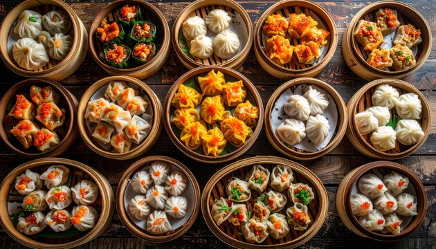 Assortment of Dim Sum in Bamboo Steamers - A Culinary Feast.