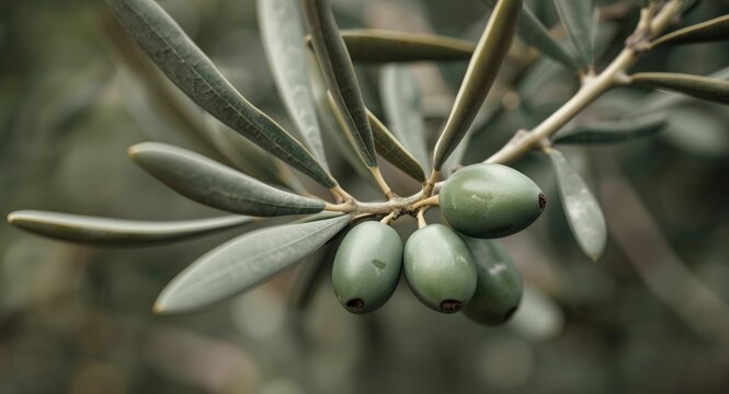 Sharp focus on undeveloped olives on a leafy olive tree limb