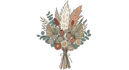 Bohemian dried flower bouquet boho pampas grass and eucalyptus arrangement natural earthy tones for wedding invitation or home decor isolated on white © Anisha