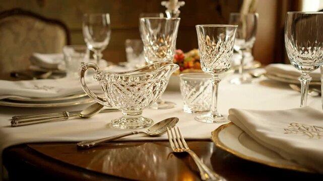 Luxurious dinner table setting with fine crystal glassware and silverware.