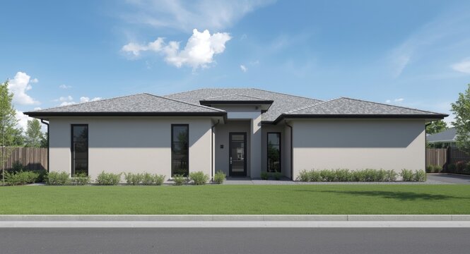 Suburban home exterior featuring modern flat roof and clean design