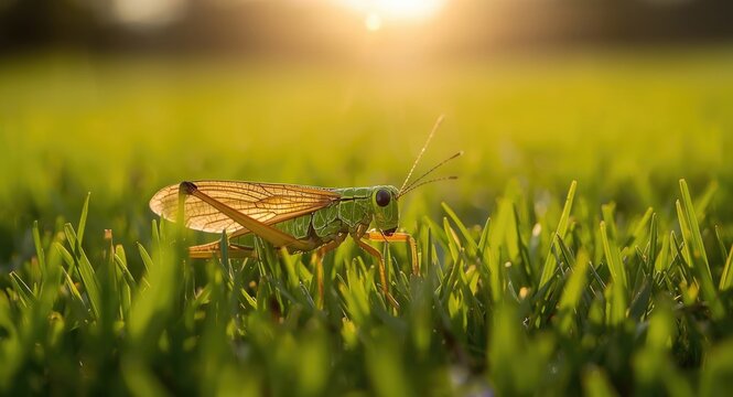 Vibrant katydid in a full length pose playing on soft green grass lawn in warm summer light