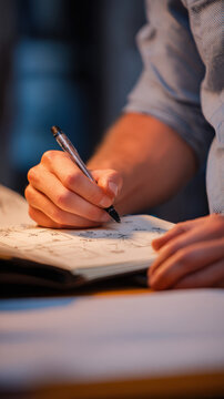 Person sketching in notebook with pen