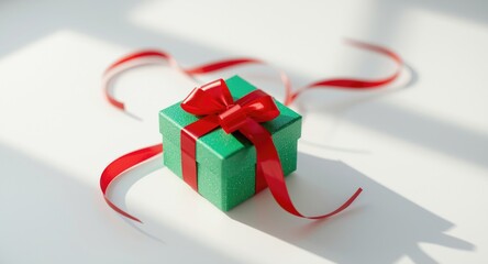 Christmas themed green gift with an eye catching red ribbon on white surface