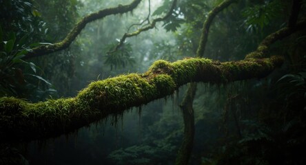 Fototapeta premium Moss draped tropical tree branch enhanced by misty rainforest atmosphere