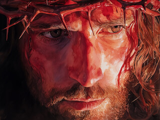 Textured watercolor portrait of the Messiah wearing a crown of thorns with a natural, hand-made feel, Generative AI