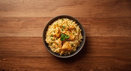 Flavorful chicken risotto dish photographed above on warm wood grain background with copy space