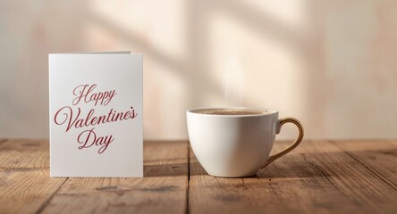 Fototapeta premium Sweet coffee moment with Valentine greeting card and copy space