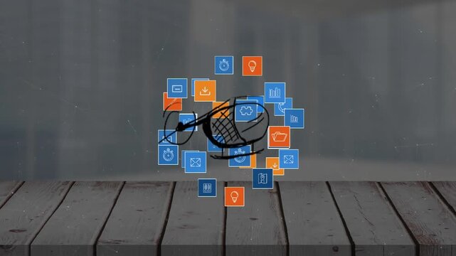 Animation of helicopter and icons over cityscape