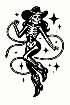 Striking black and white tattoo design featuring a stylized feminine skeleton dressed in a classic western cowboy hat and holding a coiled bullwhip with dramatic sparkling stars surrounding the figure