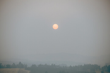 Fototapeta premium Orange sun partially obscured by thick wildfire smoke in southern Chile.