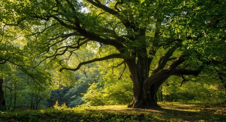 Fototapeta premium Vibrant sunlit forest backdrop with lush greenery and copy space