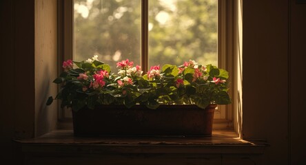 Fototapeta premium Small indoor garden with bright begonia on a well-lit windowsill