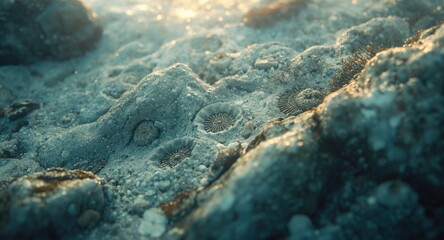 Obraz premium Water-covered rocky structure embedded with ancient fossils