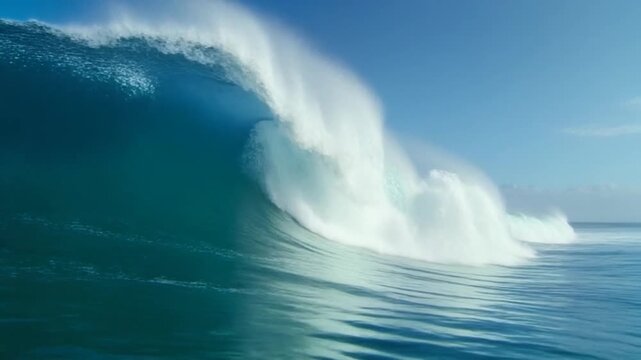 Large ocean wave crashing on a sunny day with blue sky