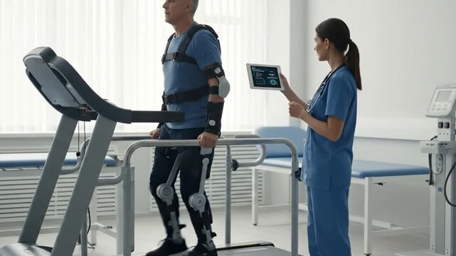 A woman in blue scrubs observes a man wearing a robotic exoskeleton walking on a treadmill in a modern medical facility during a video assessment