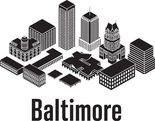 Fototapeta premium Detailed isometric baltimore cityscape with famous buildings and architectural structures vector