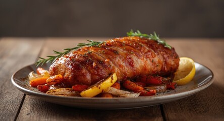Crispy pork loin paired with roasted carrots, grilled onions, and lemon slices