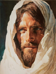 Luminous watercolor portrait of Jesus Christ with radiant golden light, Generative AI