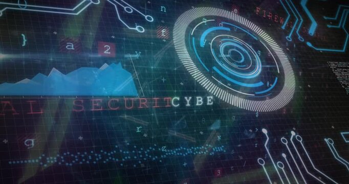 Animation of cyber security data processing, and round scanner over neon tunnel in seamless pattern