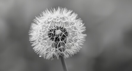 Gritty black and white macro shot of dandelion with water drops