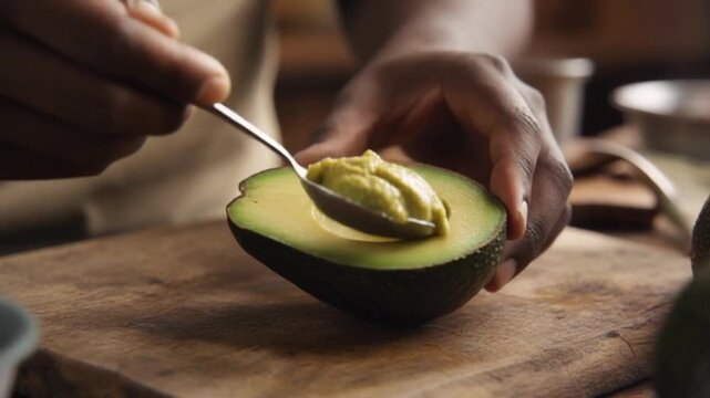 Person eating avocado on wooden cutting board in kitchen