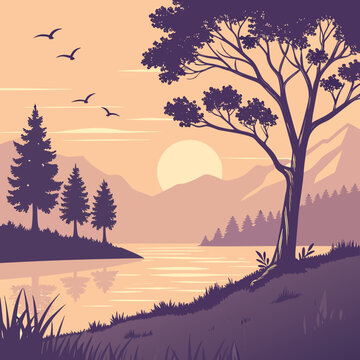 Serene lake scene at sunset with trees and mountains birds
