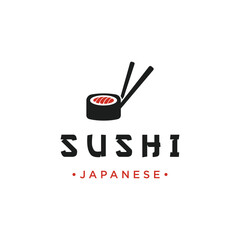 Japanese food sushi logo design with crossed chopsticks. Logo for restaurant, business, bar.