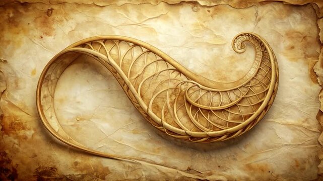 A golden, swirling, ornate structure rests on textured aged parchment