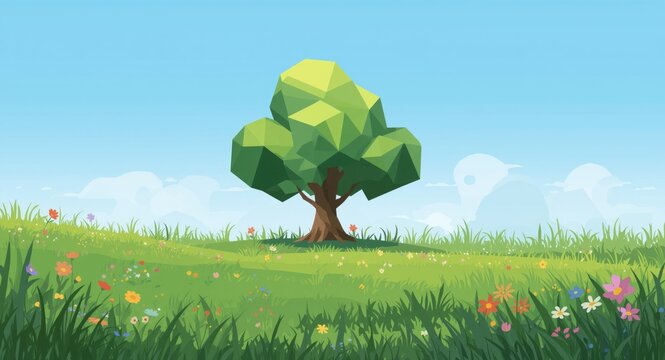 abstract polygon tree with few polygons in a natural field cartoon
