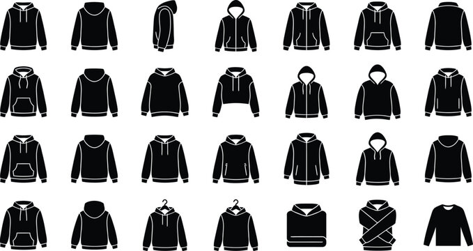 Black Hoodie Silhouette Vector Icon Set &ndash; Hooded Sweatshirt Clipart Collection