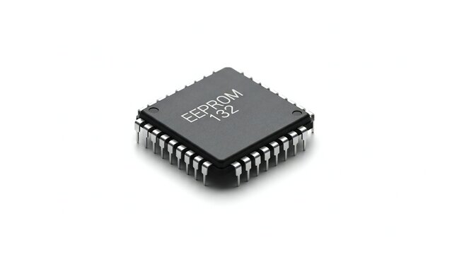 A detailed shot of an eeprom 132 chip, a vital non-volatile memory device in modern electronics