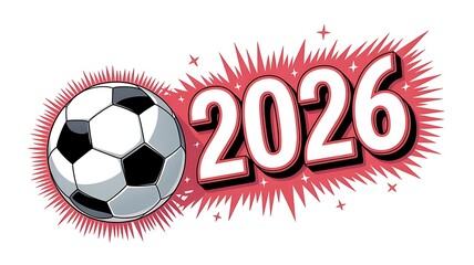 Minimalist white background featuring a soccer ball and 2026 logo with a vibrant magenta graphic element.