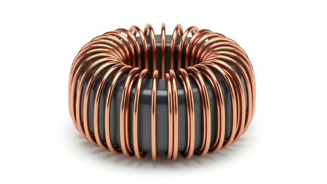 Toroidal inductor coil made of copper wire wrapped around dark core on white background