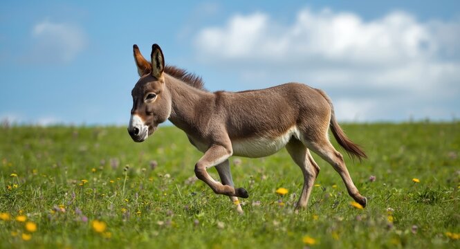 Playful donkey pet running freely on a bright green grass lawn during summer full length