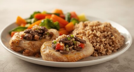 Fototapeta premium Roasted chicken breasts with mushroom onion pepper and cheese stuffing served with steamed vegetable assortment and brown rice