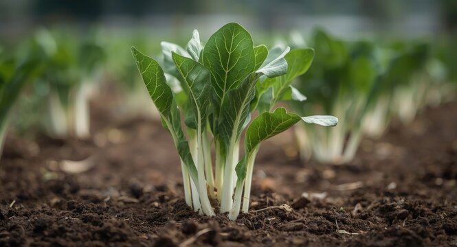Pakchoi vegetable with uniformly green leaves grown in fertile garden soil for food preparation