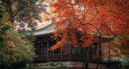 Fototapeta premium tranquil oriental building among lively tree foliage watercolor portrayal