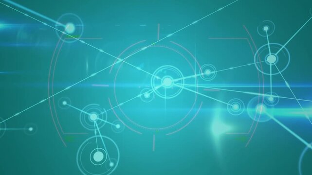 Animation of glitch effect and scope scanning over network of connections on blue background