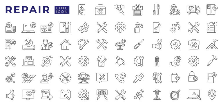 Set of Repair Tools and Maintenance Icons. Wrench, Screwdriver, Hammer, Mechanic Service Line Icon Collection