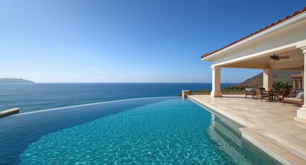 Fototapeta premium Upscale pool villa with adjacent empty patio zone near living quarters and expansive sea vista from deck