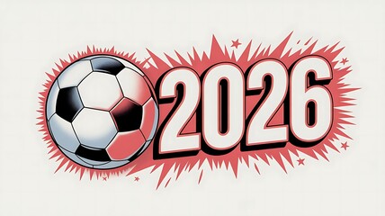 Promotional soccer graphic for 2026 featuring a black and white ball and bold white numbers on pink.