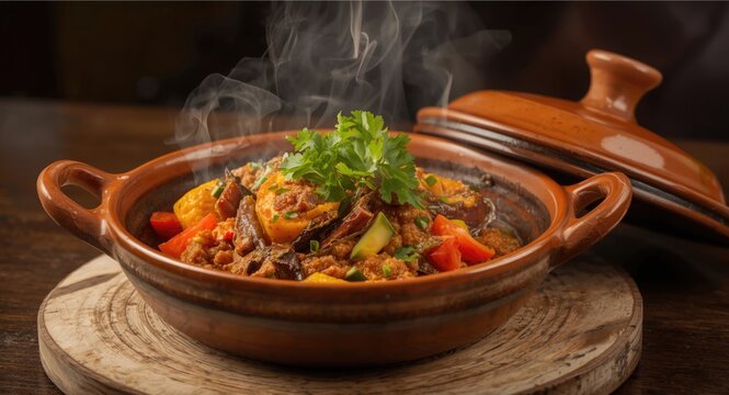 Chile inspired seafood chupe served steaming hot in an artisan clay dish