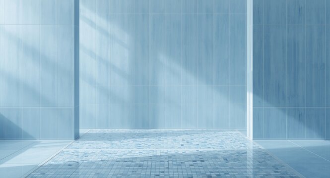 Blue pastel ceramic tile wall and floor featuring smooth bathroom finish and mosaic pool artwork