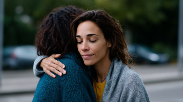 Sympathetic woman hugging friend with EMPATHY and SUPPORT. Warm emotional hug between two women at home, close-up moment of comfort, support and care