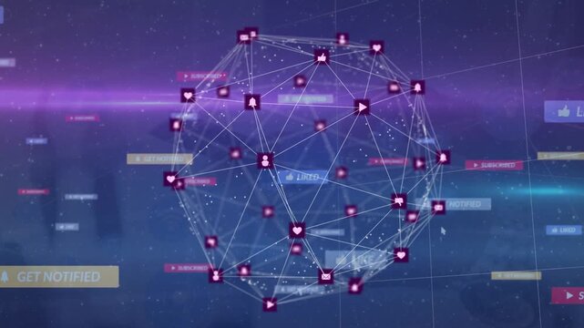 Animation of connected icons forming globe over texts and icon in notification bars on lens flares