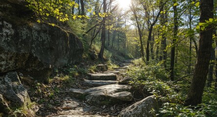 Sun-bathed forest trail lined with textured rocks and blossoming greenery
