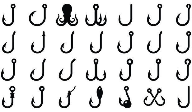  Fish Hook Silhouette Vector Icon Set &ndash; Fishing Hooks Black Clipart Collection