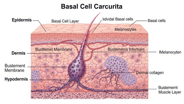 Detailed cross-section of basal cell carcinoma in skin layers