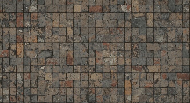Street tile floor design viewed from top in 2d featuring rock and brick mosaic textures